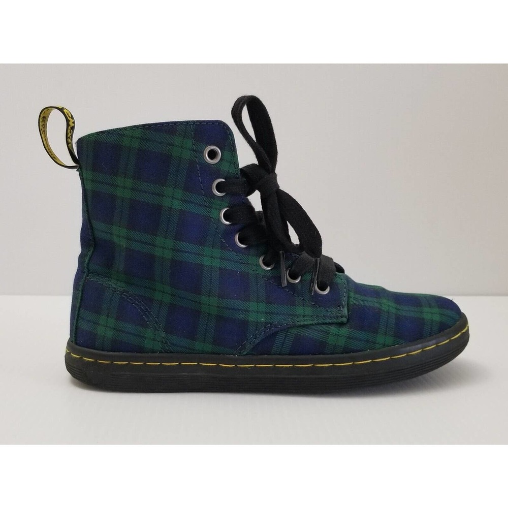 DR. MARTENS Hackney Green & Blue Plaids Fabric Canvas Womens Ankle Boots Sz US 5
